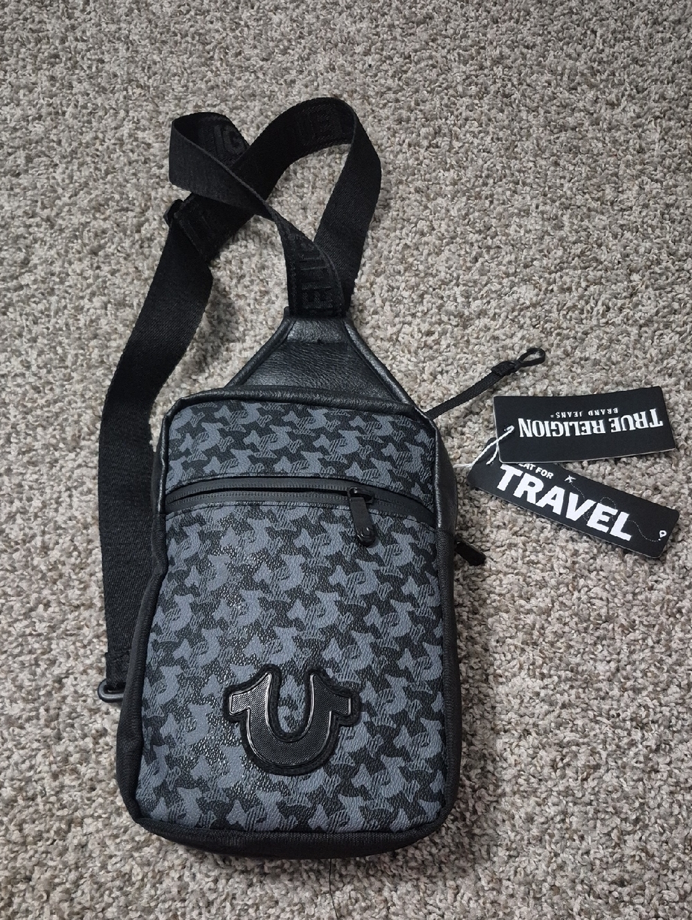 True Religion Black and Gray Patterned Sling Belt Bag